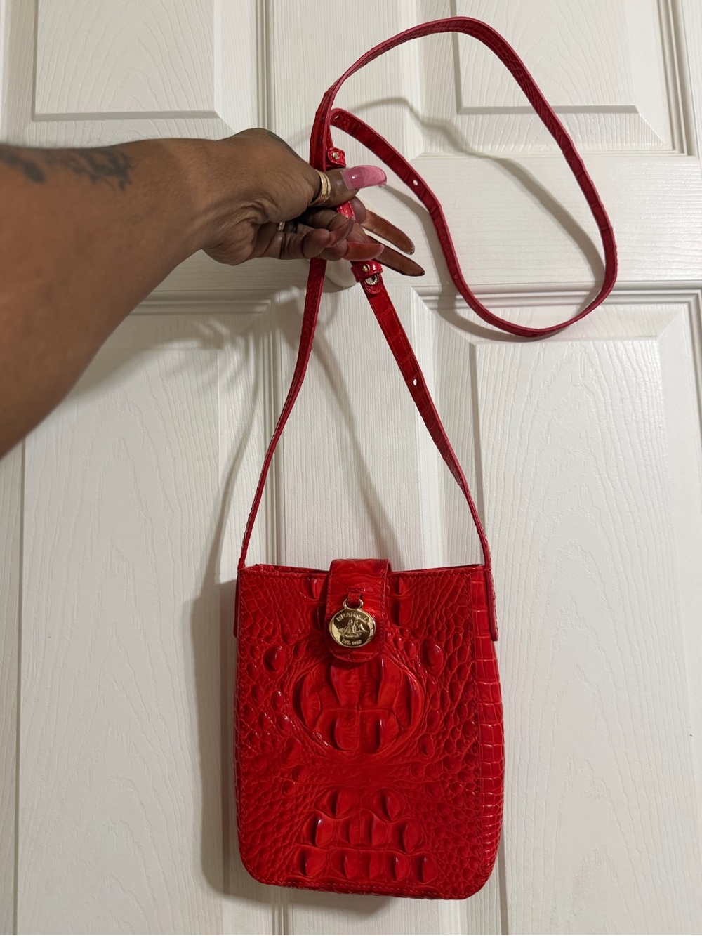 Brahmin Red Croc-Embossed Leather Crossbody with Gold-Tone Hardware